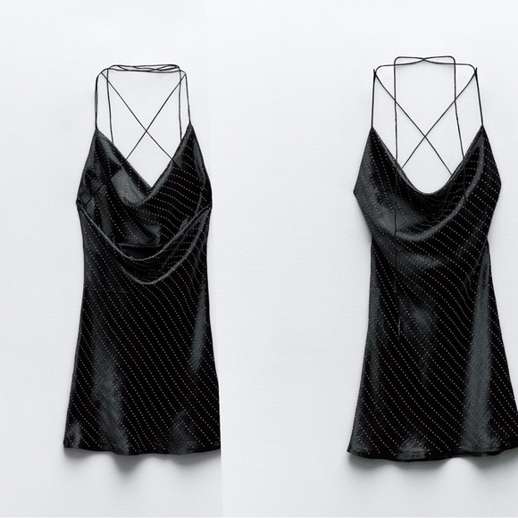 Zara Black satin effect crystal rhinestone jewelled cowl neck mini slip dress M - Picture 4 of 16